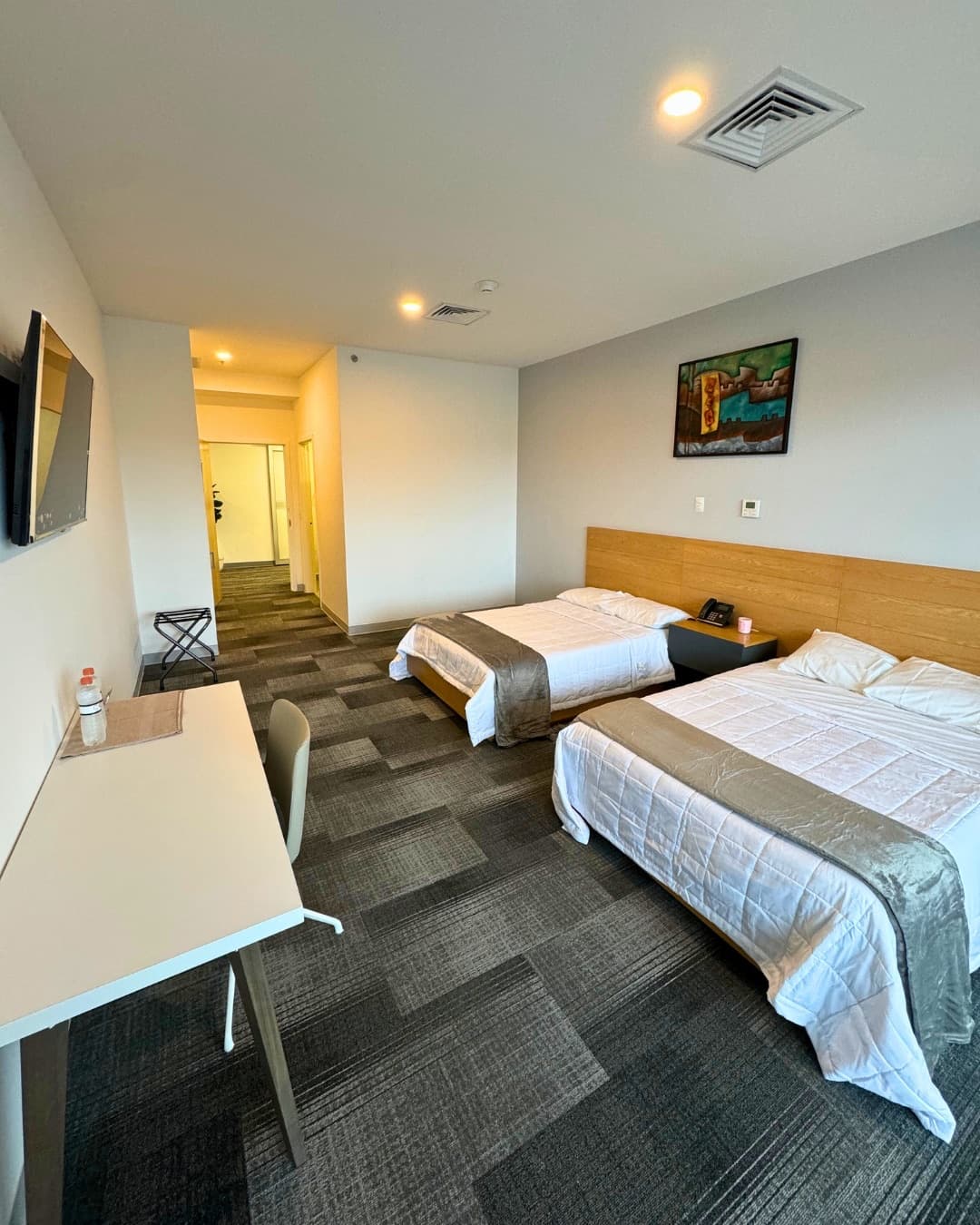 Patient suite with two beds, a wall-mounted television, a desk and a carpeted floor