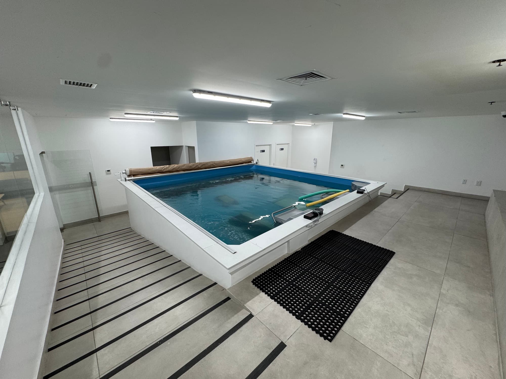 Indoor hydrotherapy pool raised above floor level, with access steps, a glass rail and rubber mats alongside